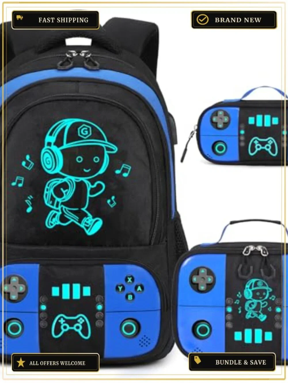 Luminous Gamer Backpack Set with Lunch Box & Pencil Case for Boys